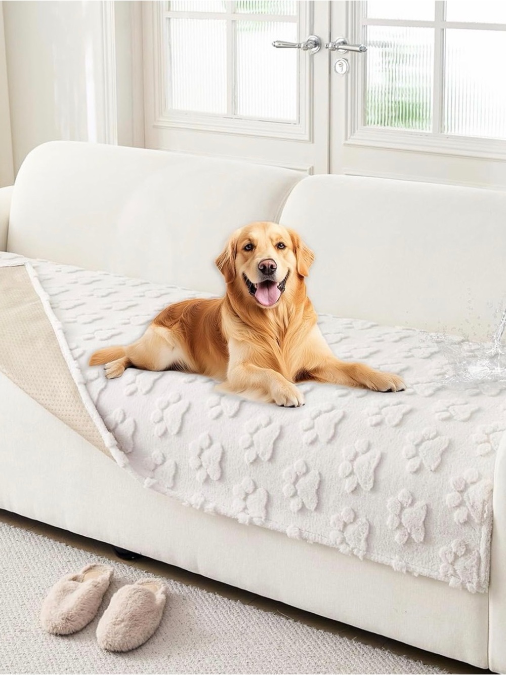 Plush Paw-Print Dog Sofa Cover - White